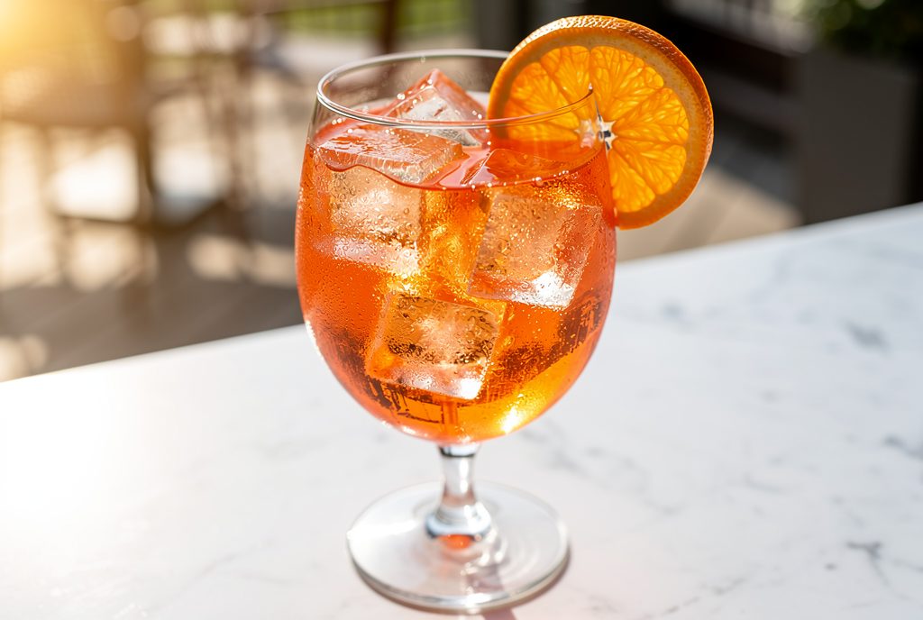 Aperol Spritz with an orange slice and ice, made during a cooking class in Como