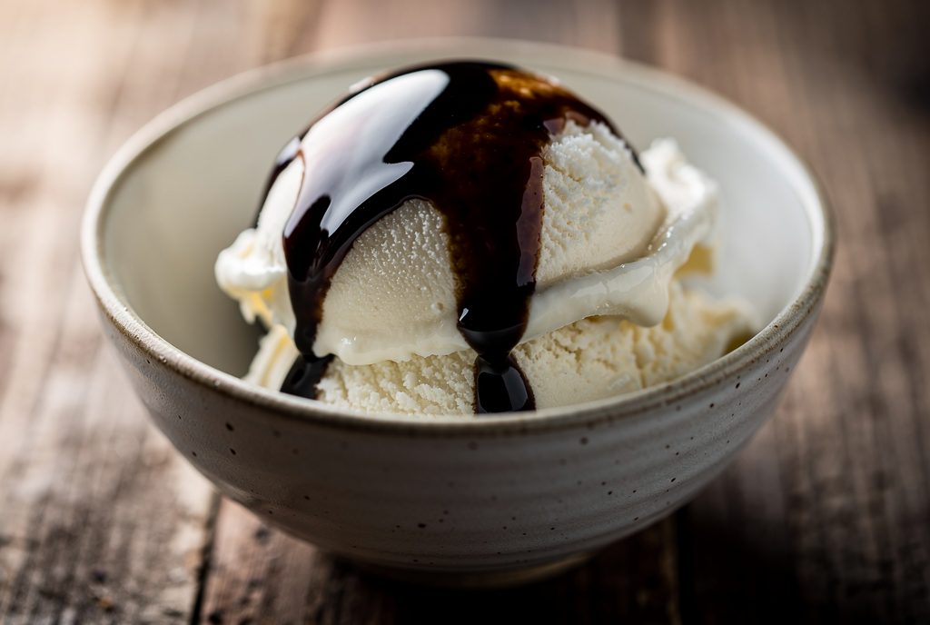 Artisan gelato topped with traditional balsamic vinegar, the dessert of a cooking class in Como